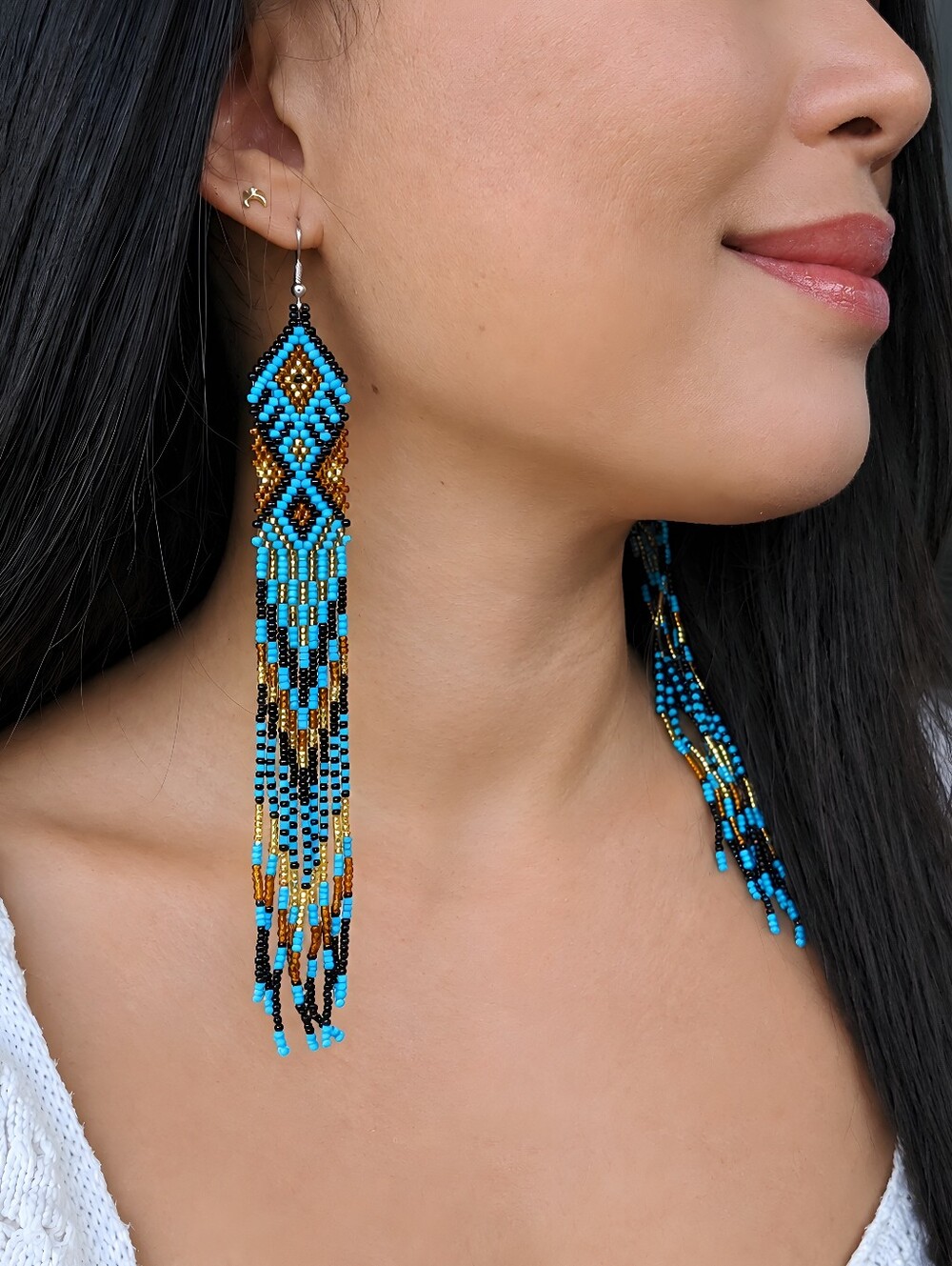 Long Southwestern Boho Beaded Fringe Earrings Handmade Seed Bead Coastal